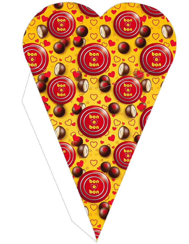 Plantilla de cono corazón amarillo con bombones y corazones rojos