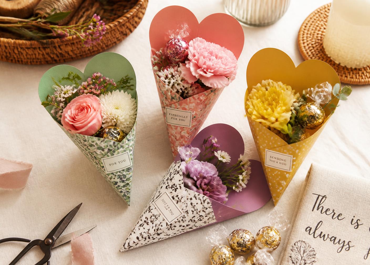 Conos de papel en forma de corazón montados y llenos de flores